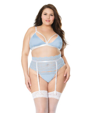 Scallop Stretch Lace Bra, Garter Belt & G-String Light Blue/White 2X