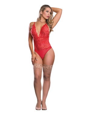Risqu Business Lace & Mesh Teddy w/Snap Crotch Red L/XL