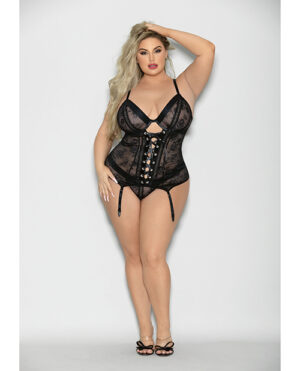 Flame FETISH Soulmate Lace Up Bustier & Wide Band Thong Black 1X/2X