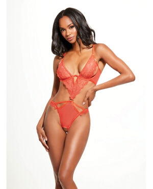 Nadia Lace & Mesh Cutout Teddy - Grenadine Dark Orange SM