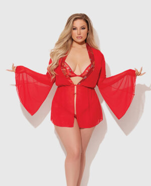 Dragon Sheer Mesh Robe w/Satin Triangle Top & G-String 3 pc Set - Red 1X/2X