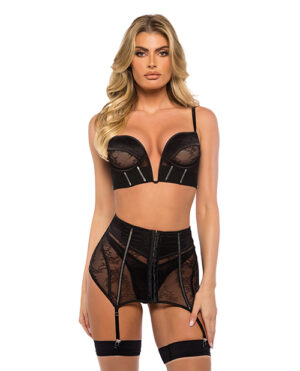 Belle Noir Chantilly Lace and Satin Garter Skirt 3 pc Set - Black LG