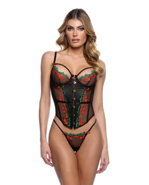 Cherry Delight Embroidered Underwire Corset w/G-String - Black SM
