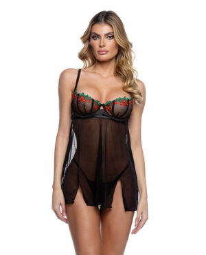 Cherry Delight Embroidered Lace and Mesh Babydoll w/Balconette Cup & Thong 2 pc Set - Black XL